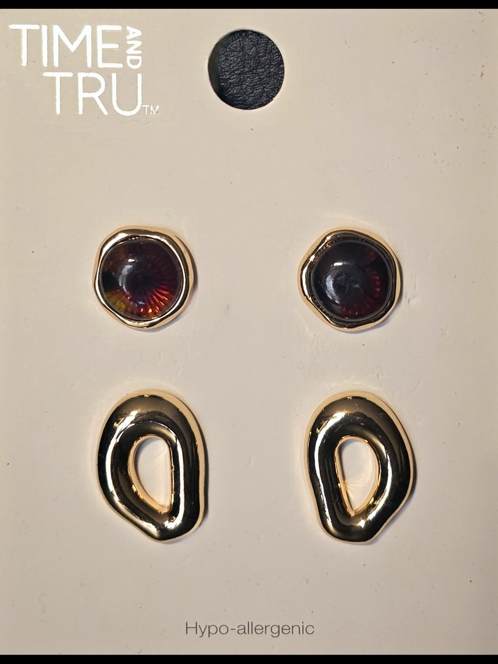 Time and Tru Gold Tone Stud Earring Set with Dark Red Stones